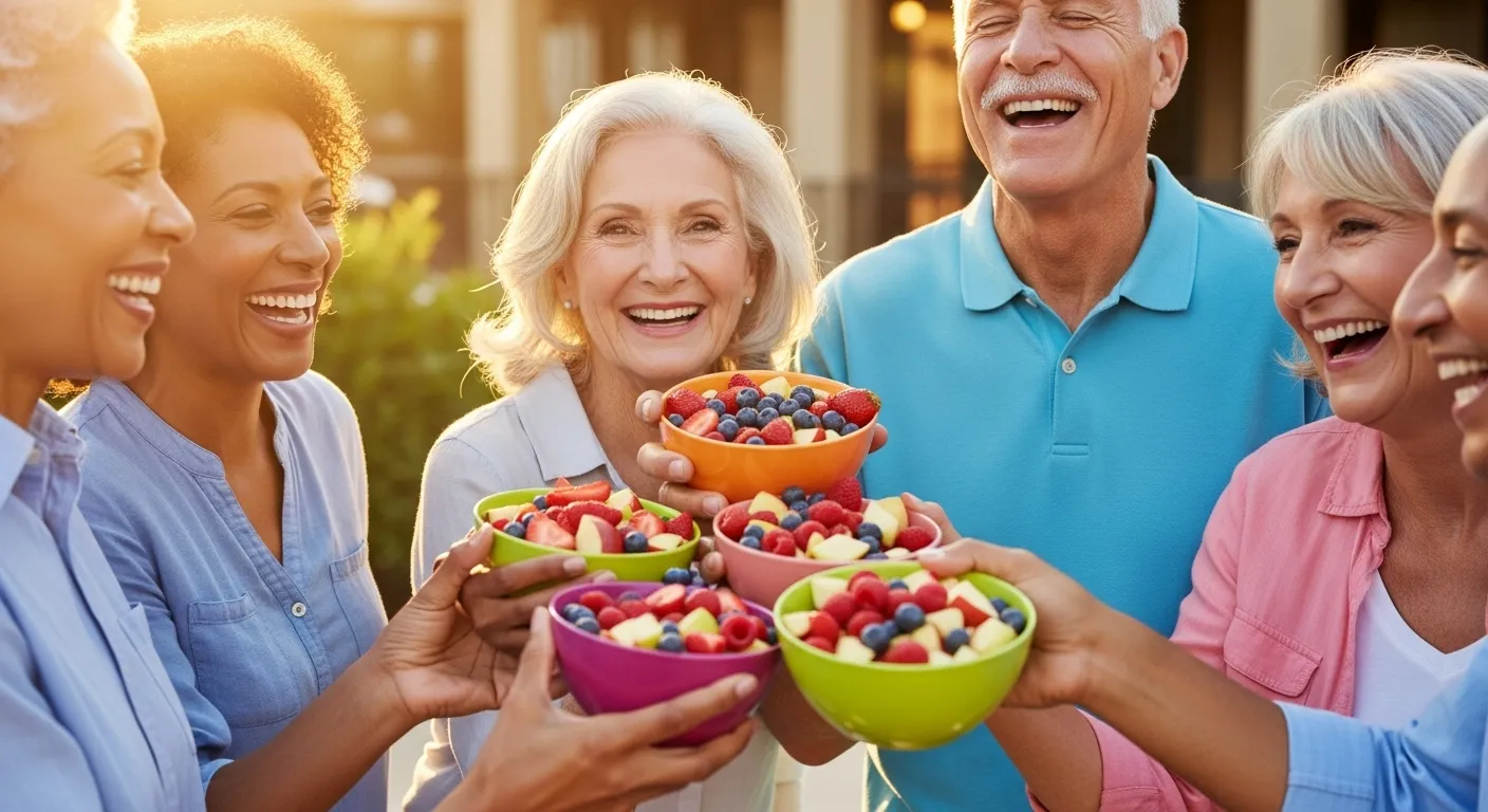 A diverse group of older friends laughs as they toast with bowls of fresh fruit salad on a sunlit patio.
