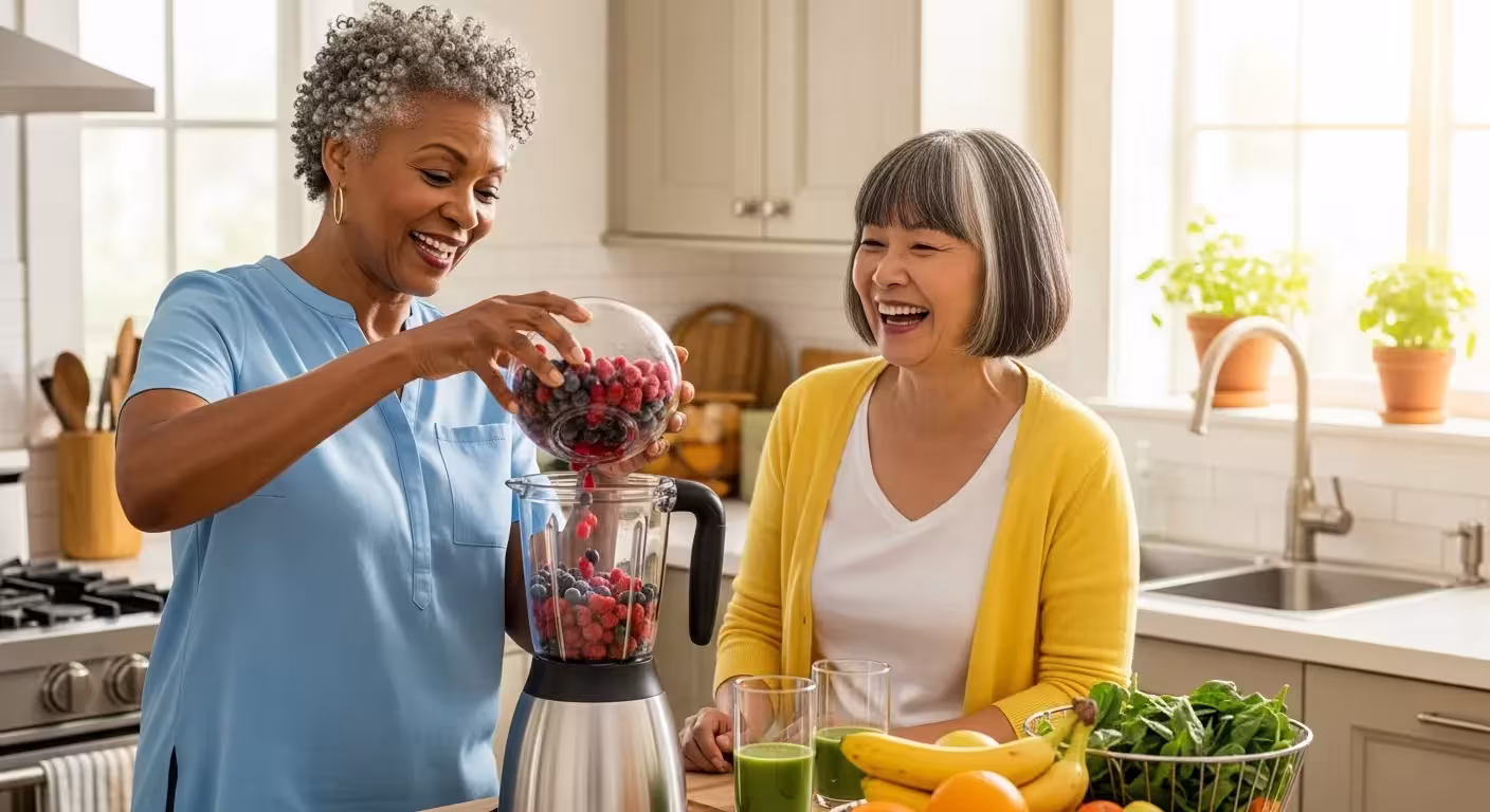Two diverse senior women friends smile and laugh together in a sunny kitchen while preparing a healthy fruit smoothie.