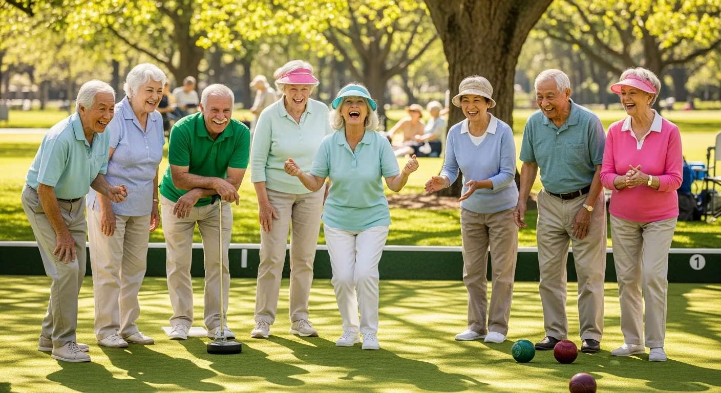 A diverse group of older friends laughs and celebrates while playing lawn bowls together in a sunny park.