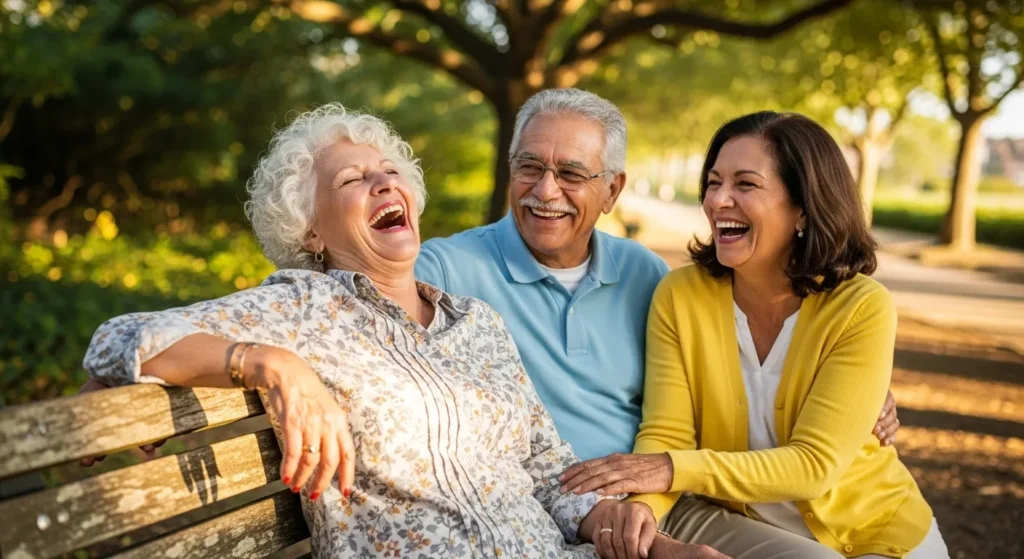 A diverse group of three older friends laughing heartily together on a sunny park bench.