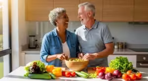 A smiling senior couple joyfully prepares a healthy, colorful salad together in their bright, sunlit kitchen.