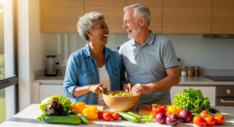 A smiling senior couple joyfully prepares a healthy, colorful salad together in their bright, sunlit kitchen.
