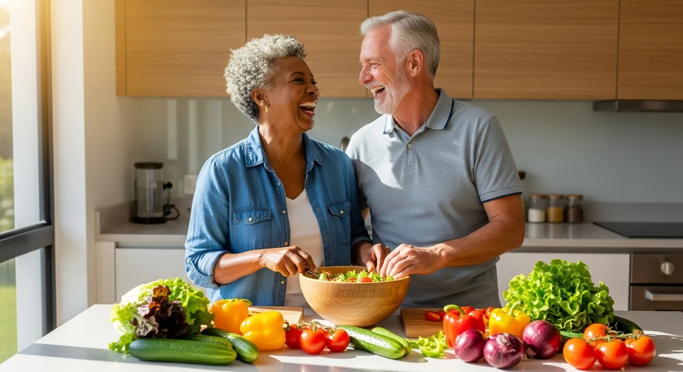 A smiling senior couple joyfully prepares a healthy, colorful salad together in their bright, sunlit kitchen.