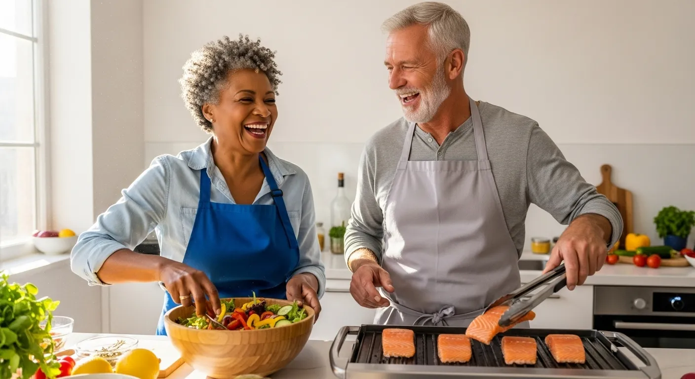 A smiling senior couple, a Black woman and a white man, happily cook a healthy meal of salmon and salad together in a bright kitchen.
