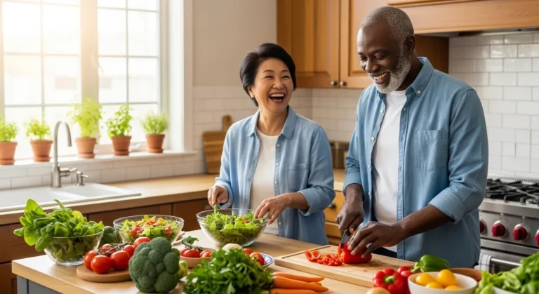 An older man and woman laugh together in a bright kitchen while chopping fresh vegetables and making a salad.