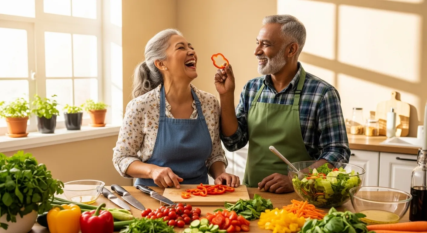 A smiling senior couple joyfully prepares a colorful, healthy salad together in their modern, sunlit kitchen.