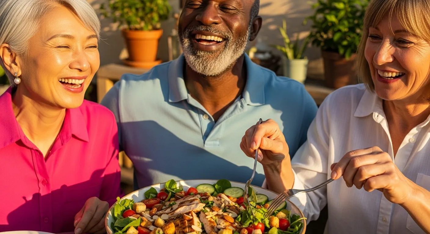 Three smiling older friends share a healthy salad together at an outdoor table in the warm evening light.