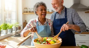 An older man and woman smile at each other as they prepare a large, colorful salad together in a sunlit kitchen.