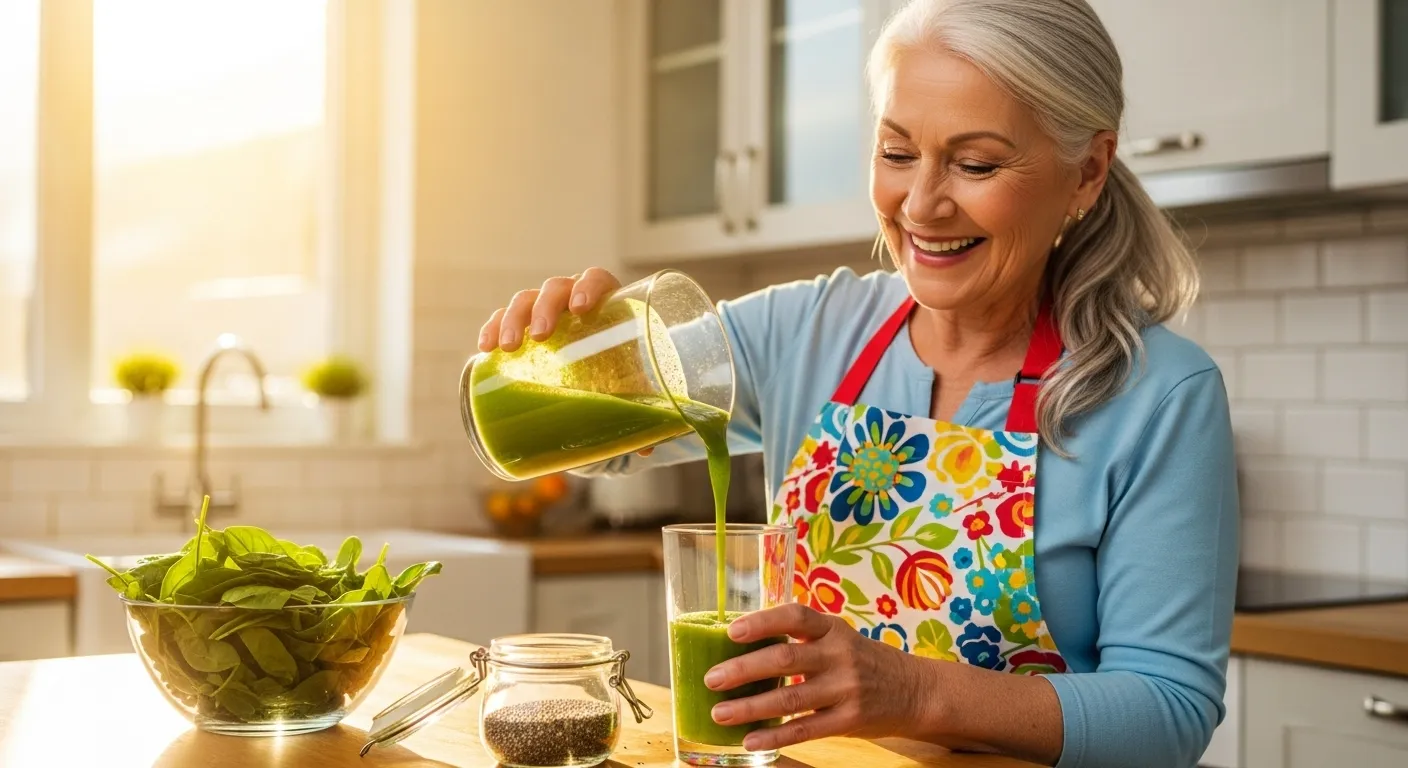 A smiling older woman in a bright kitchen pours a healthy green smoothie from a blender into a glass.