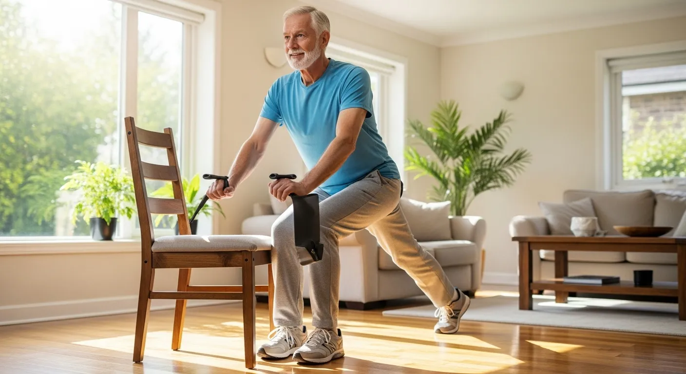 A senior man, viewed from a low angle, smiles with concentration as he rises from a chair during a home balance exercise.