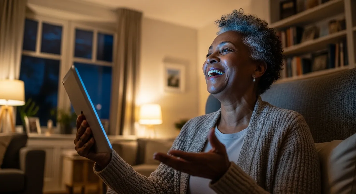 A smiling senior woman sits on a couch in the evening, holding a tablet and happily engaging in a video conversation.