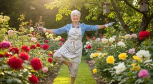 A smiling senior woman stands securely on one leg while pruning a blooming rose bush in her sunny garden.