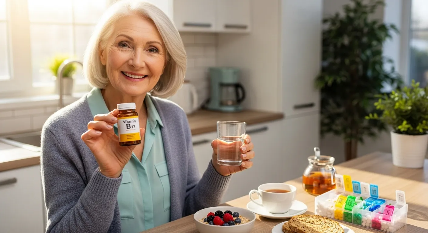 A smiling senior woman in a bright kitchen holds a vitamin pill and a glass of water, with a healthy breakfast and a pill caddy nearby.