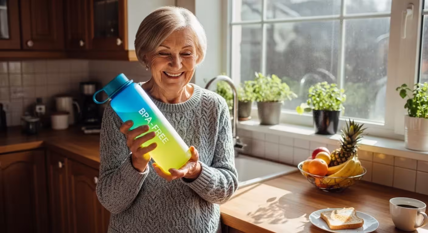 A smiling senior woman stands in a sunny kitchen, happily holding a new, colorful reusable water bottle.