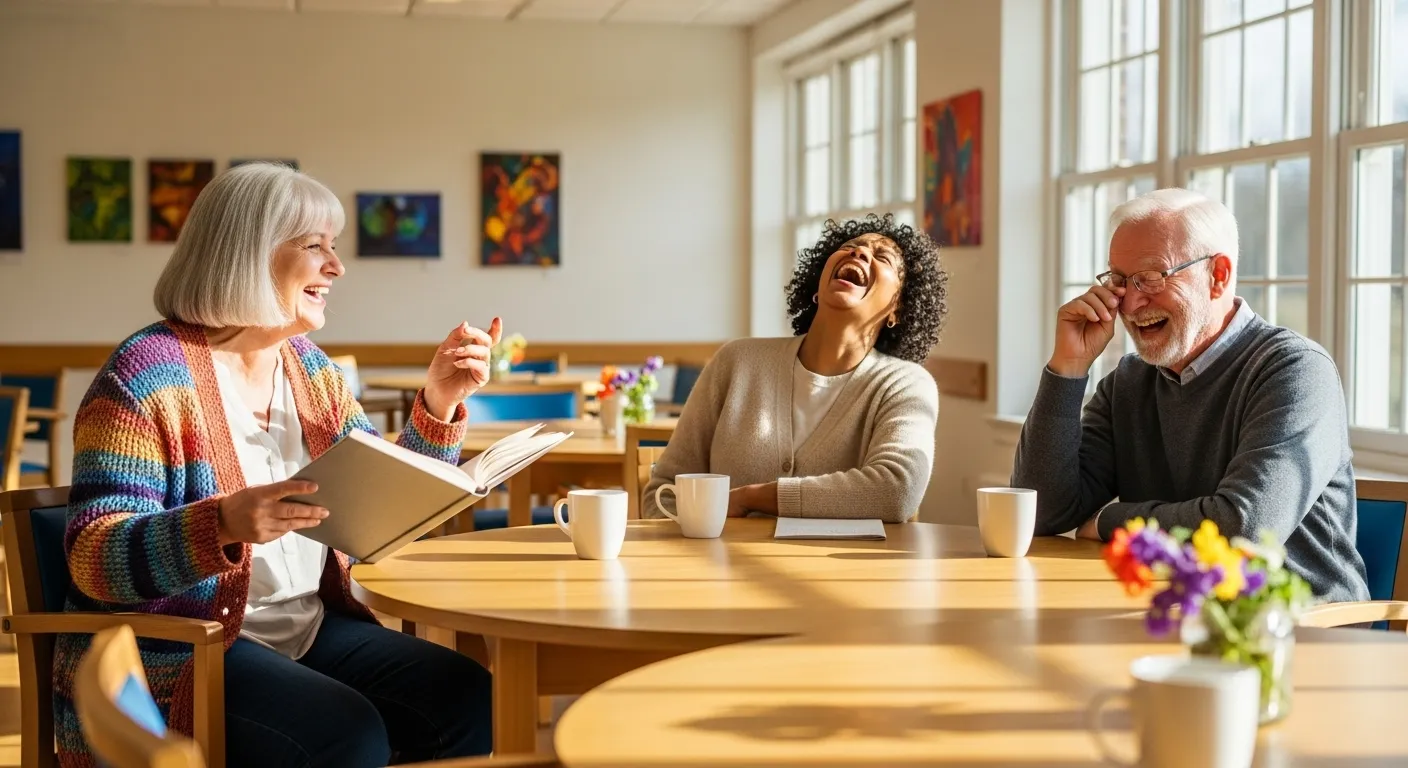 A multicultural group of three older adults sit at a table, laughing together joyfully in a sunlit room.
