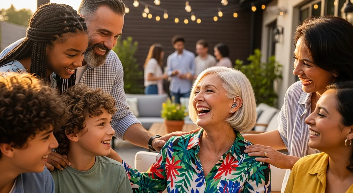 A smiling older woman wearing a hearing aid is surrounded by her family on a sunny patio, laughing and talking with them.