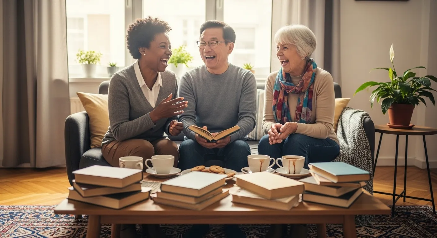 A multiethnic group of three older adults share a laugh while sitting on a couch in a bright living room, holding books for their book club.