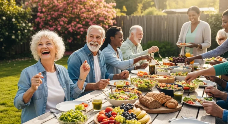 A diverse group of older friends laugh together while sharing a healthy meal at a picnic table in a sunny garden.