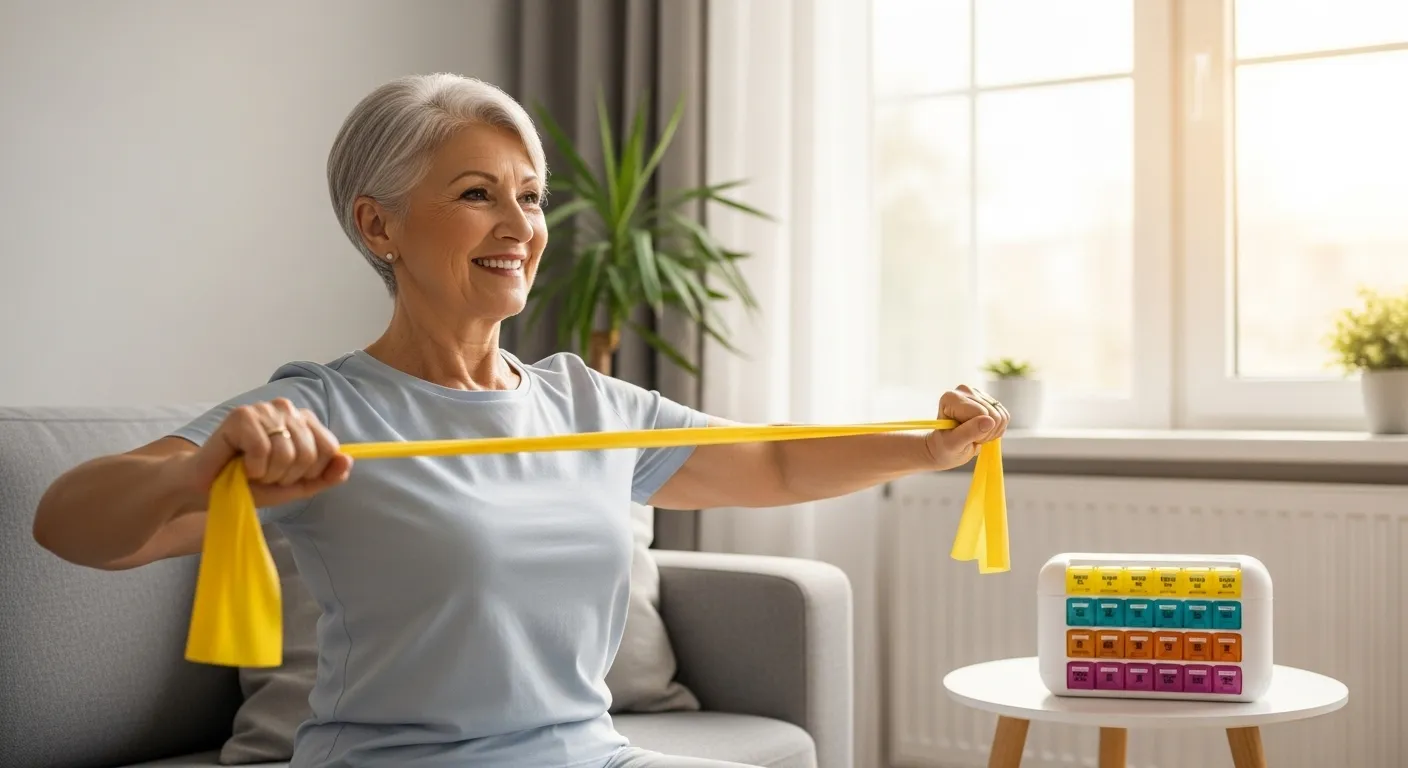 An older woman smiles as she does a seated exercise with a resistance band in her living room, a pill organizer visible in the background.