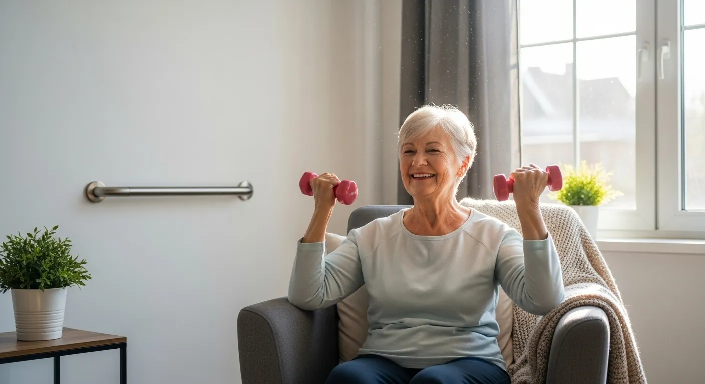A smiling senior woman sits in an armchair in a sunlit room, feeling strong as she lifts small weights during at-home rehabilitation.