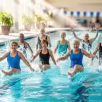 A group of older adults laughs and splashes in a swimming pool during a water aerobics class, looking happy and active.