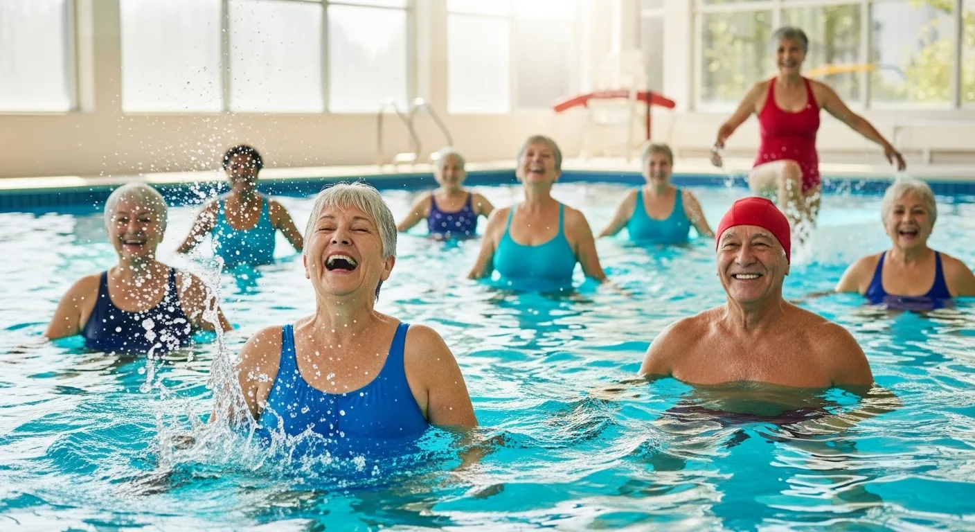 A diverse group of older adults laughs and splashes while participating in a water aerobics class in a sunny indoor pool.