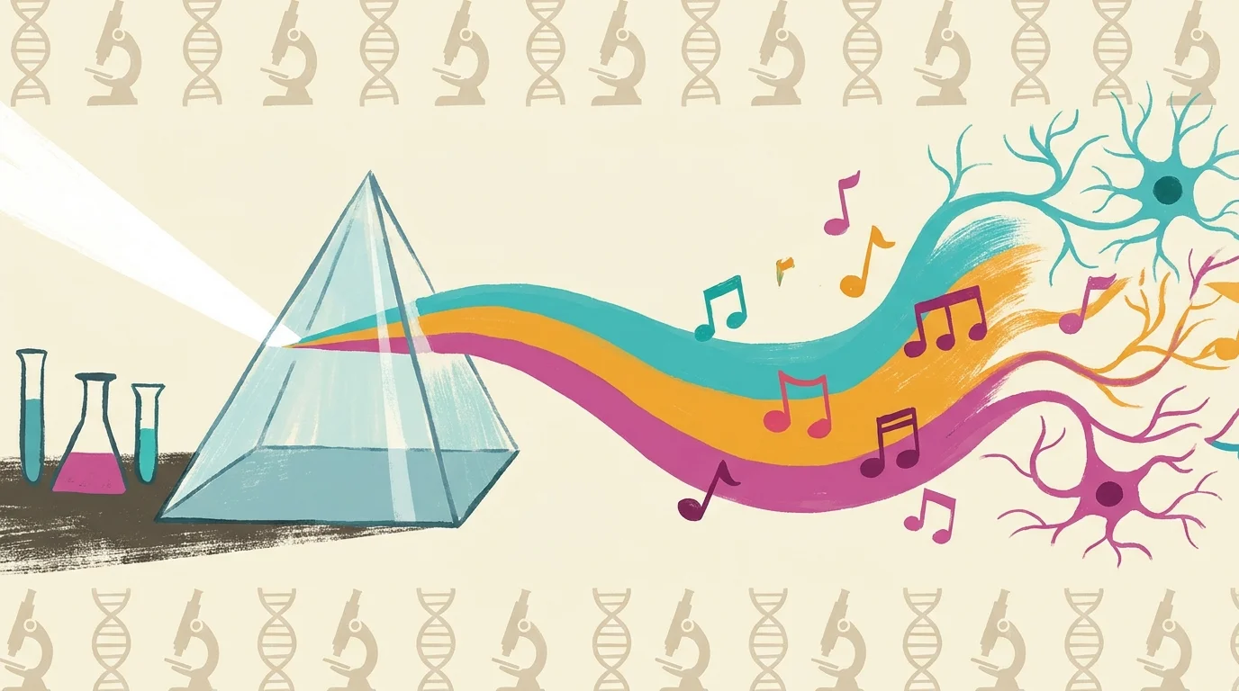 A colorful, stylized illustration of a prism splitting light into musical notes and neural patterns, representing medical research.