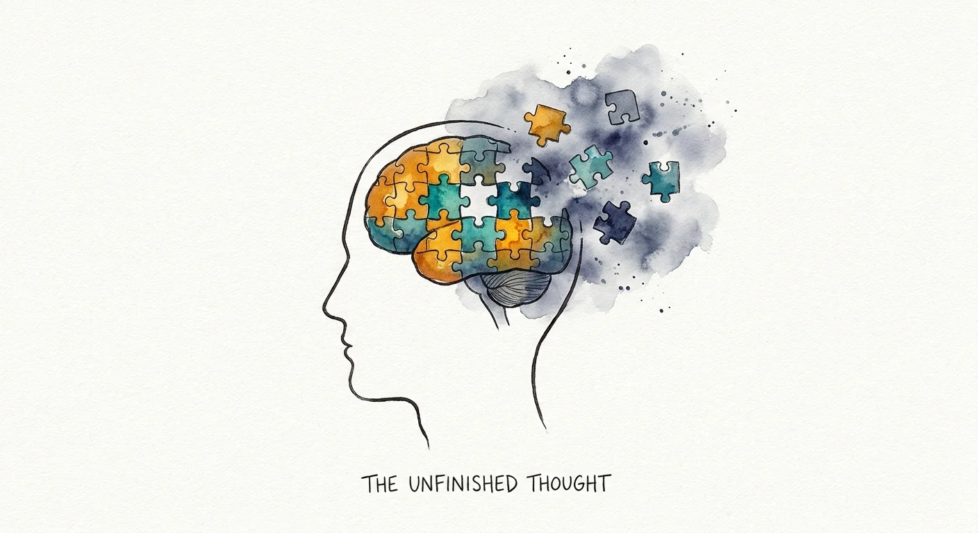 A conceptual illustration of a head with a jigsaw puzzle brain, where some pieces are missing and fading away.