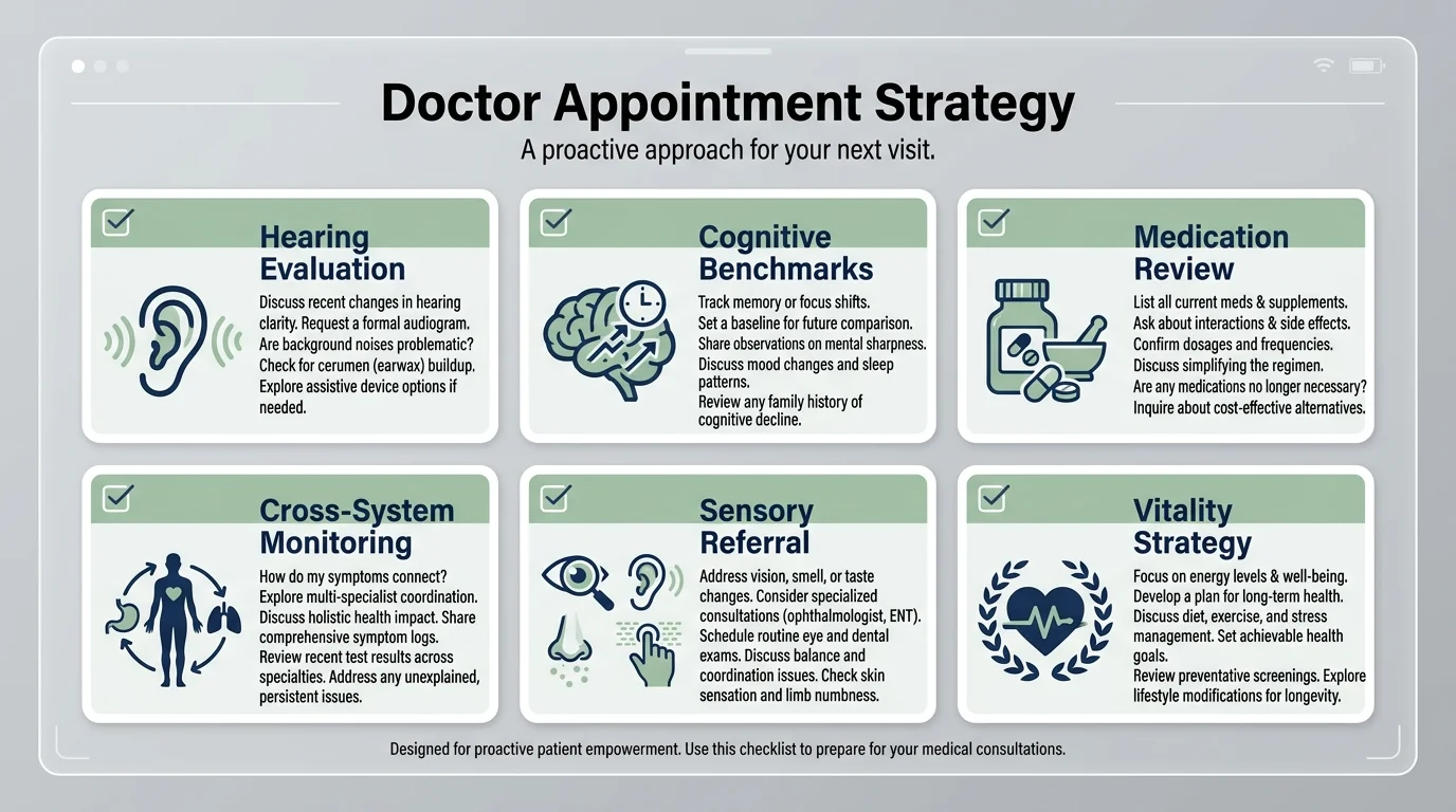 A horizontal checklist infographic showing six key topics to discuss with a doctor for long-term health.