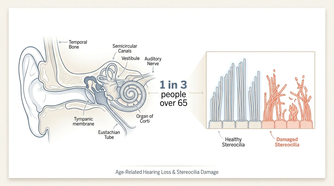 A medical diagram showing the anatomy of the inner ear and the microscopic hair cells responsible for hearing.