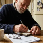 An older man sitting at a kitchen table, writing notes in a journal next to a medical report and a cup of coffee.