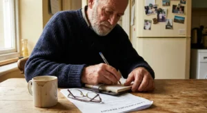 An older man sitting at a kitchen table, writing notes in a journal next to a medical report and a cup of coffee.
