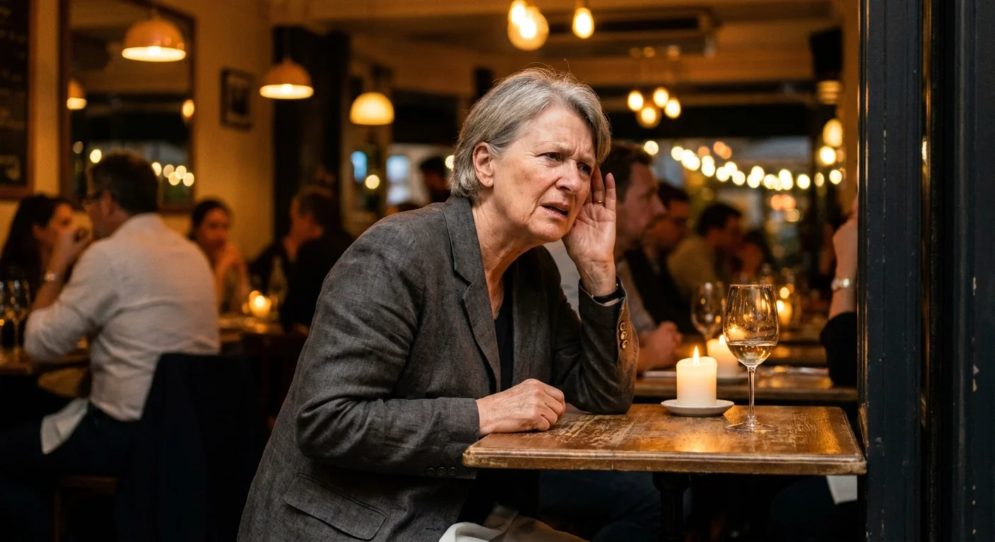 An older woman leaning in and cupping her ear to hear better in a crowded, noisy restaurant setting.