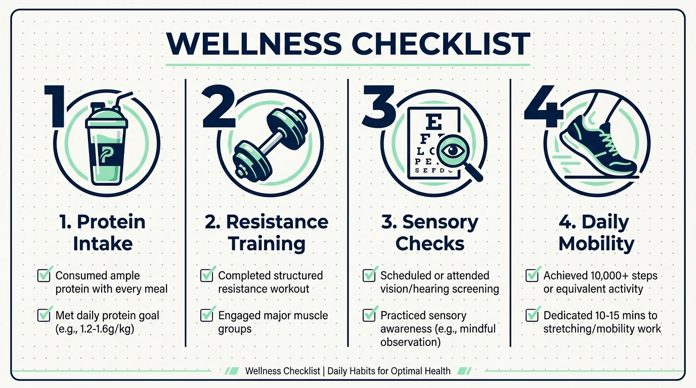 A 4-step checklist infographic showing protein intake, resistance training, sensory checks, and mobility.