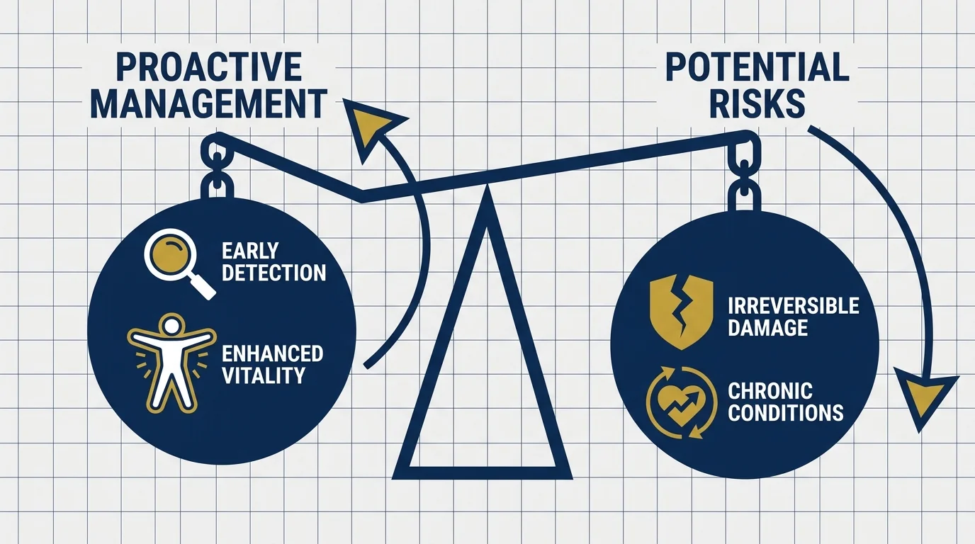 A balance scale diagram weighing the benefits of proactive management against the risks of ignoring digestive symptoms.