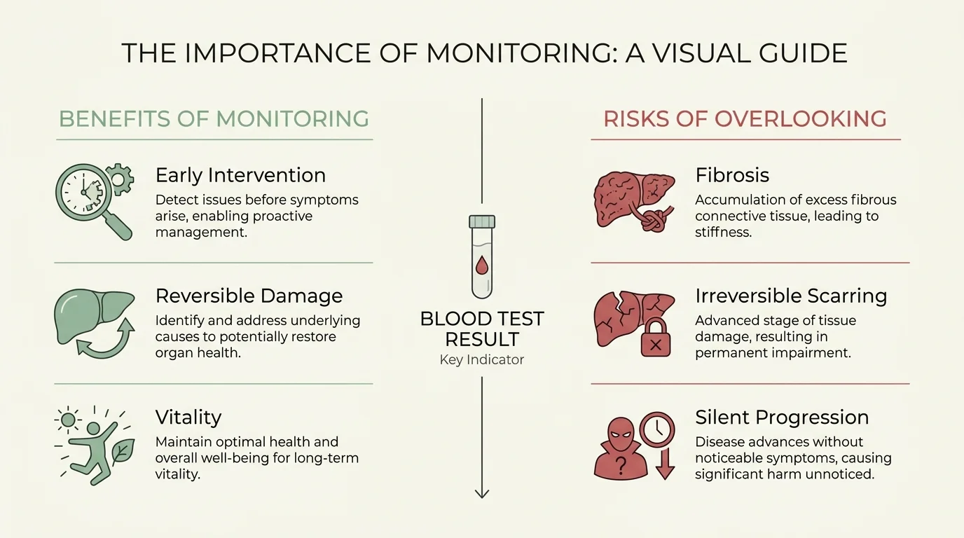 A balanced infographic comparing the benefits of early liver monitoring versus the risks of ignoring silent symptoms.