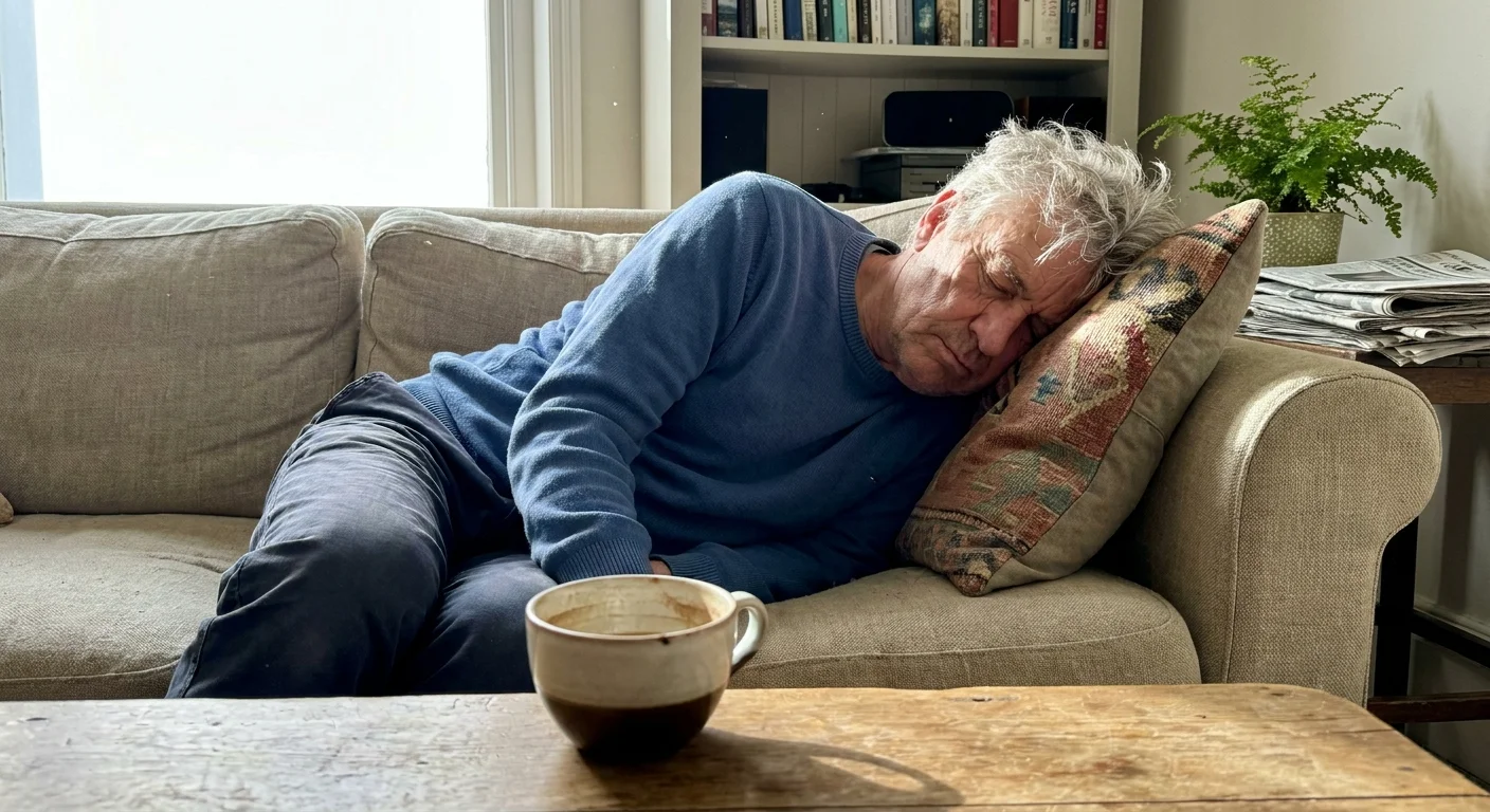 A candid photo of a senior man looking completely exhausted, resting on a sofa in a bright, natural living room.