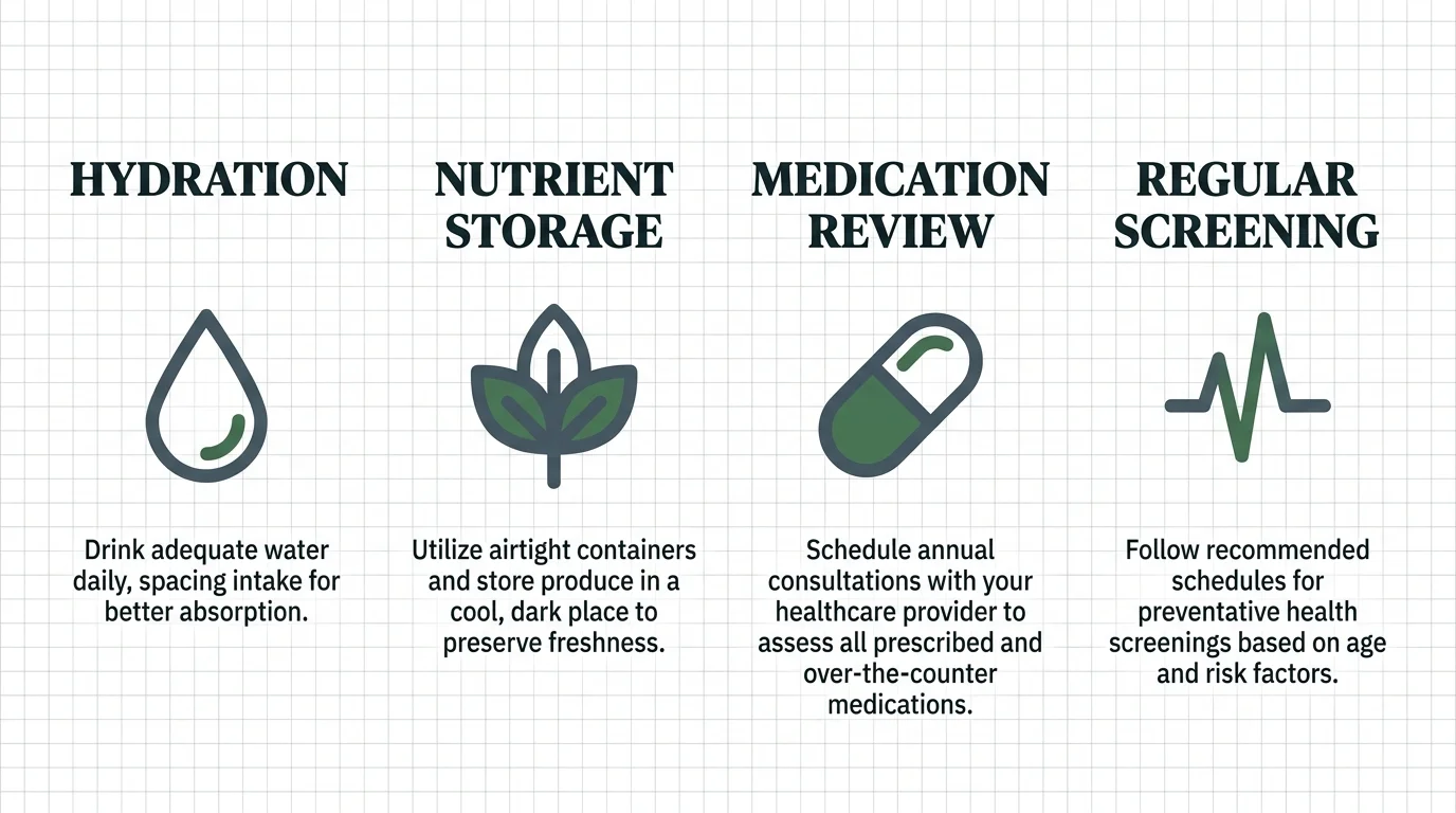 A clean, four-column infographic checklist showing practical steps like hydration and medication review for liver health.