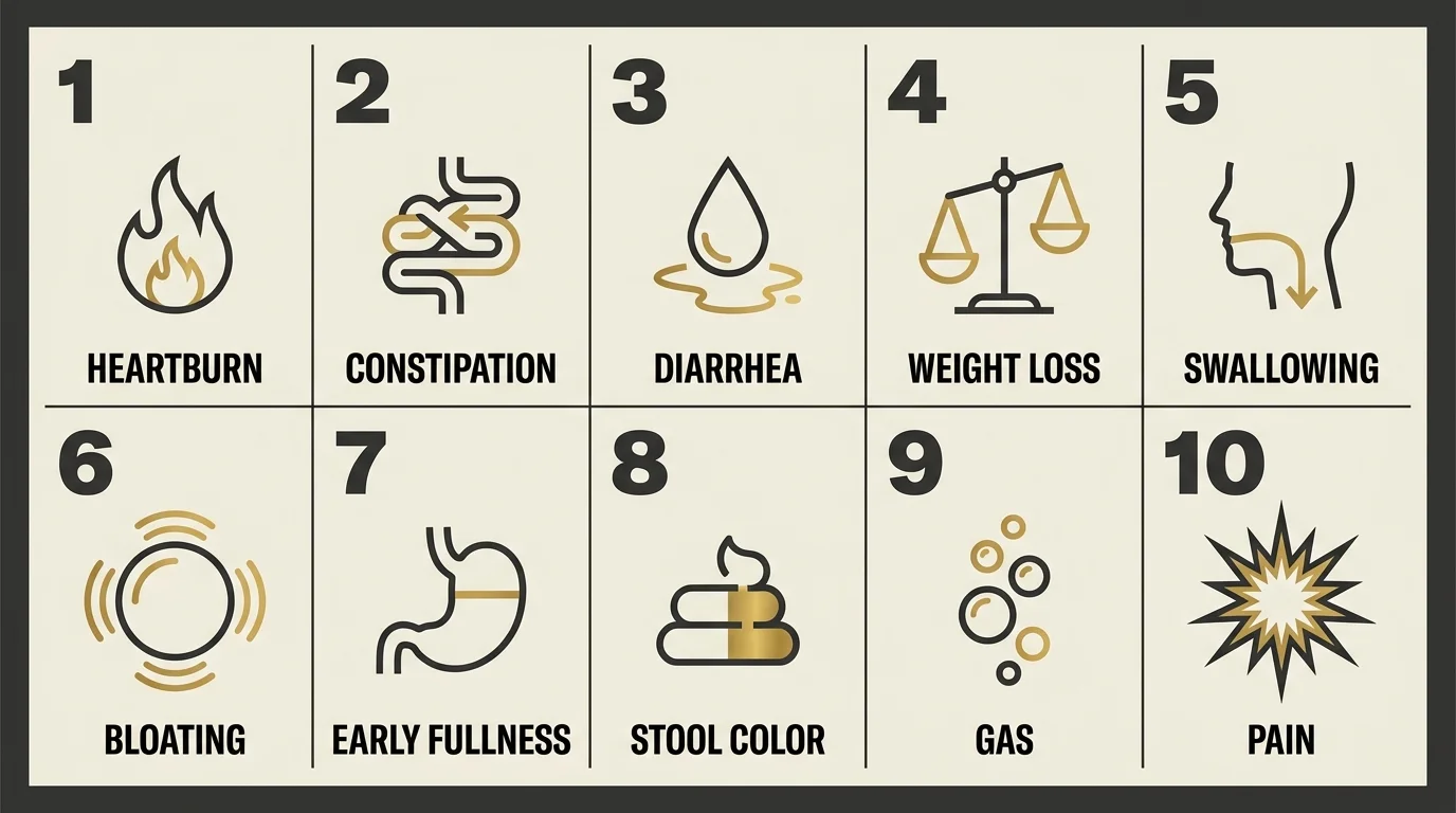 A clean grid of 10 icons with labels representing the digestive changes seniors should monitor.