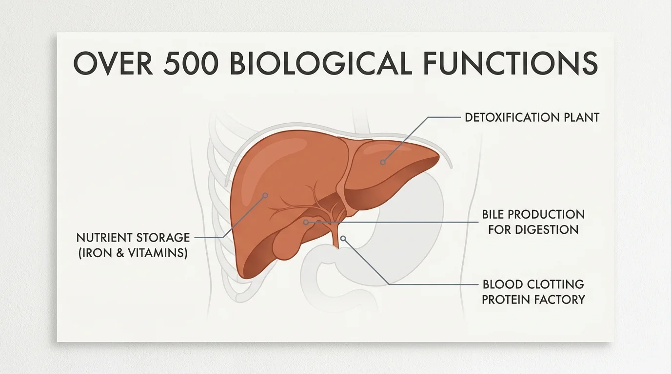 A clean, professional diagram of the human liver with labels describing its primary biological functions like bile production and storage.