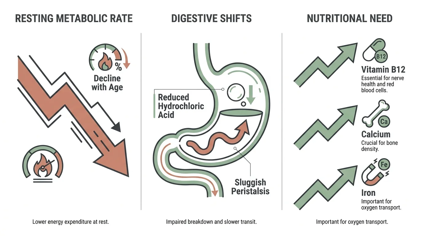 A clear diagram showing how metabolism slows while the need for vitamins like B12 and calcium increases as we age.