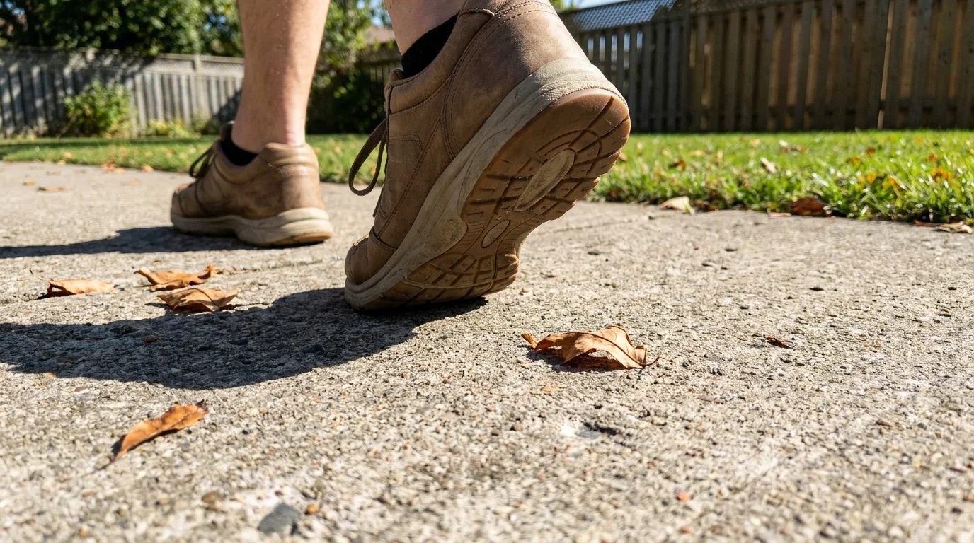 A close-up, low-angle photo of a person's feet shuffling close to the ground on a concrete sidewalk.