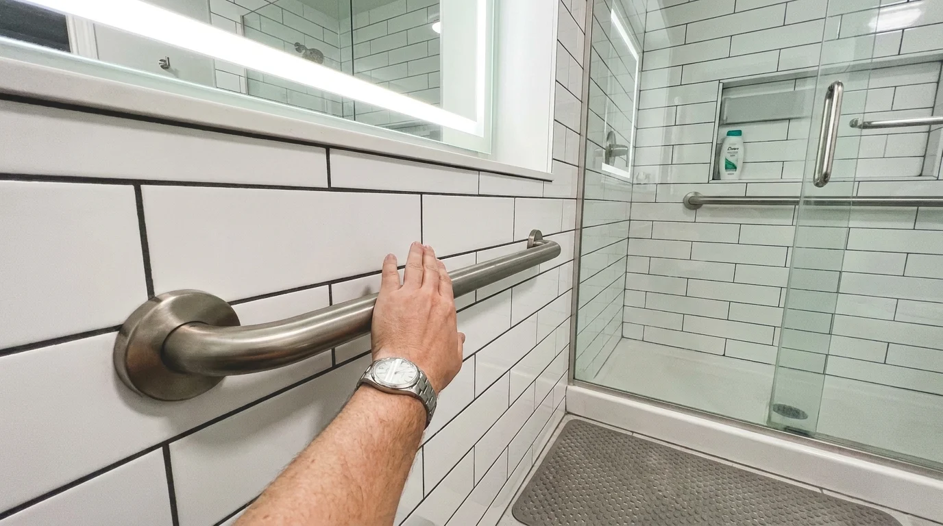 A close-up of a brushed-metal grab bar installed on a white tiled bathroom wall.