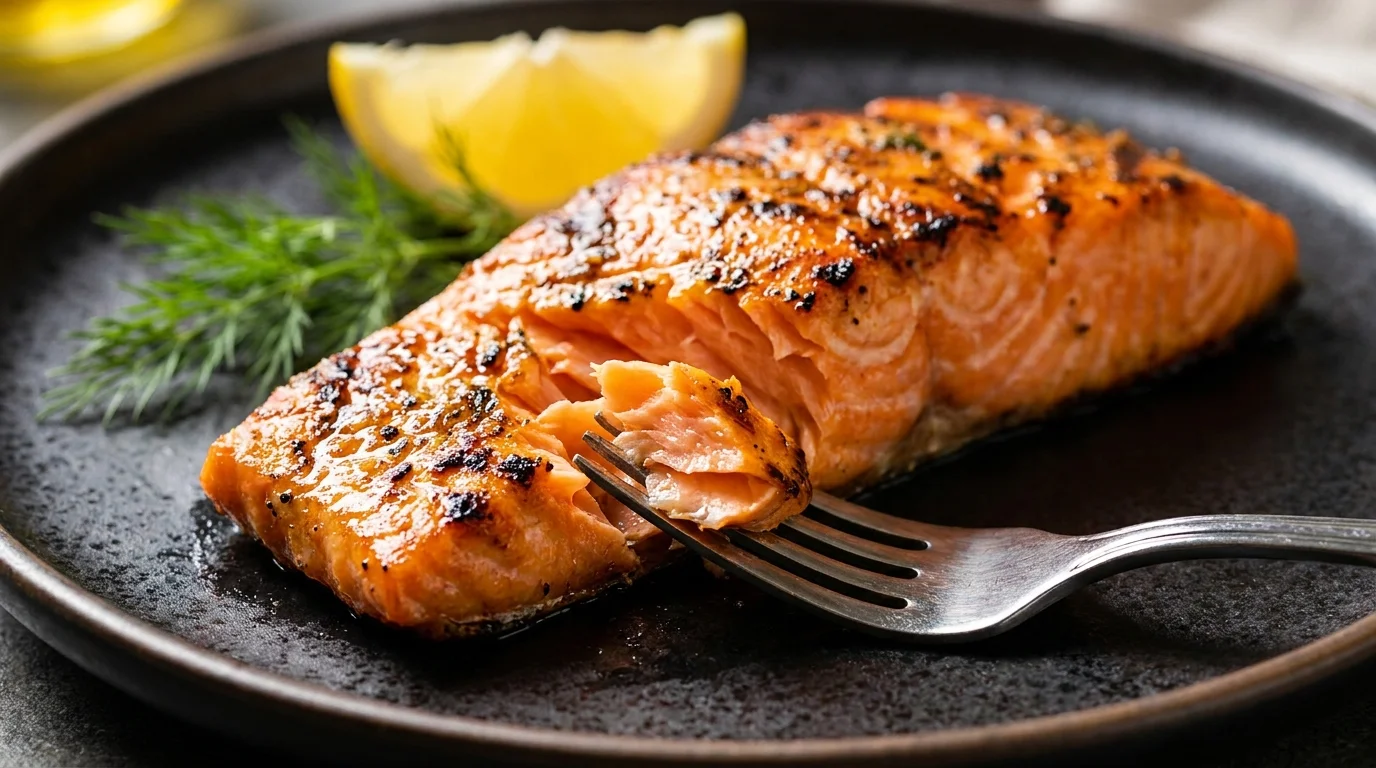 A close-up of a flaky, grilled salmon fillet on a plate, highlighting its texture and healthy oils.