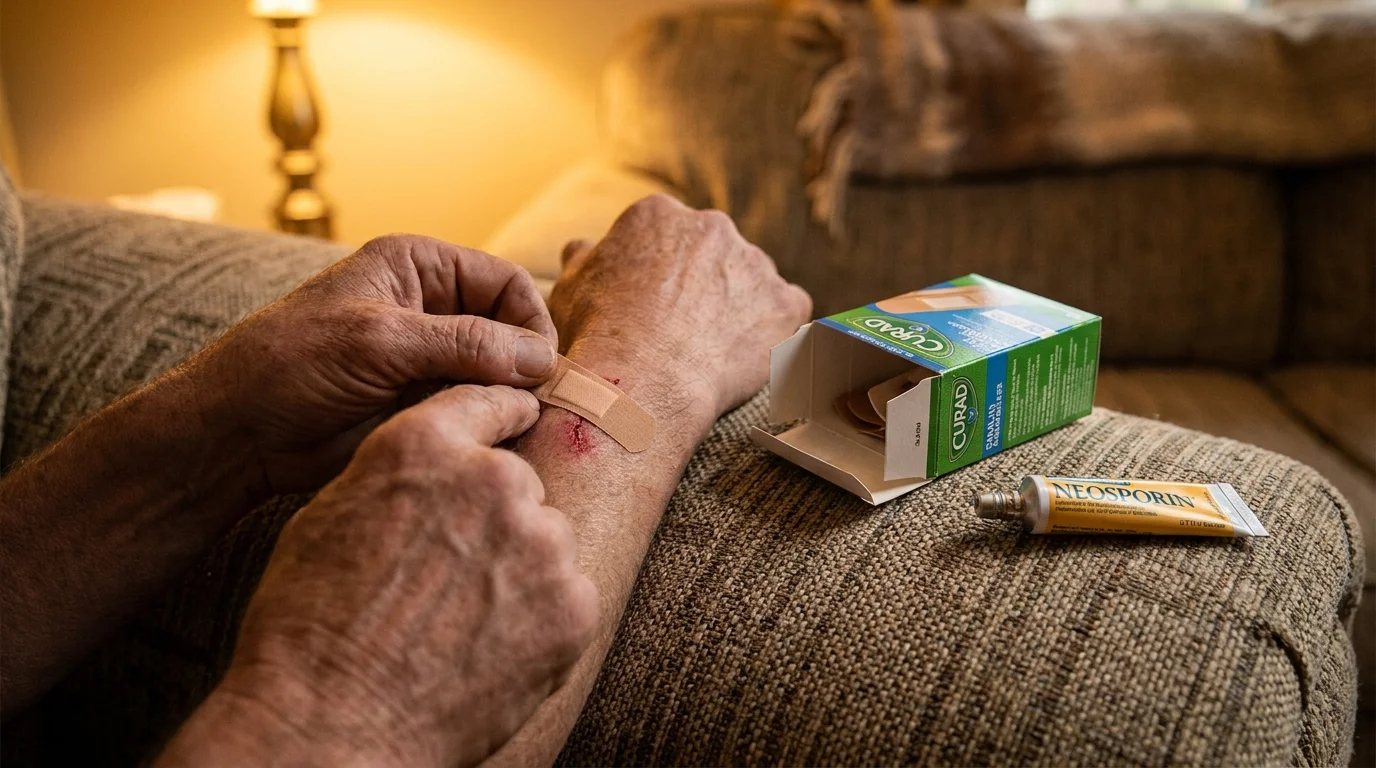 A close-up of a person applying a bandage to a small scrape on their arm, with a box of bandages nearby.