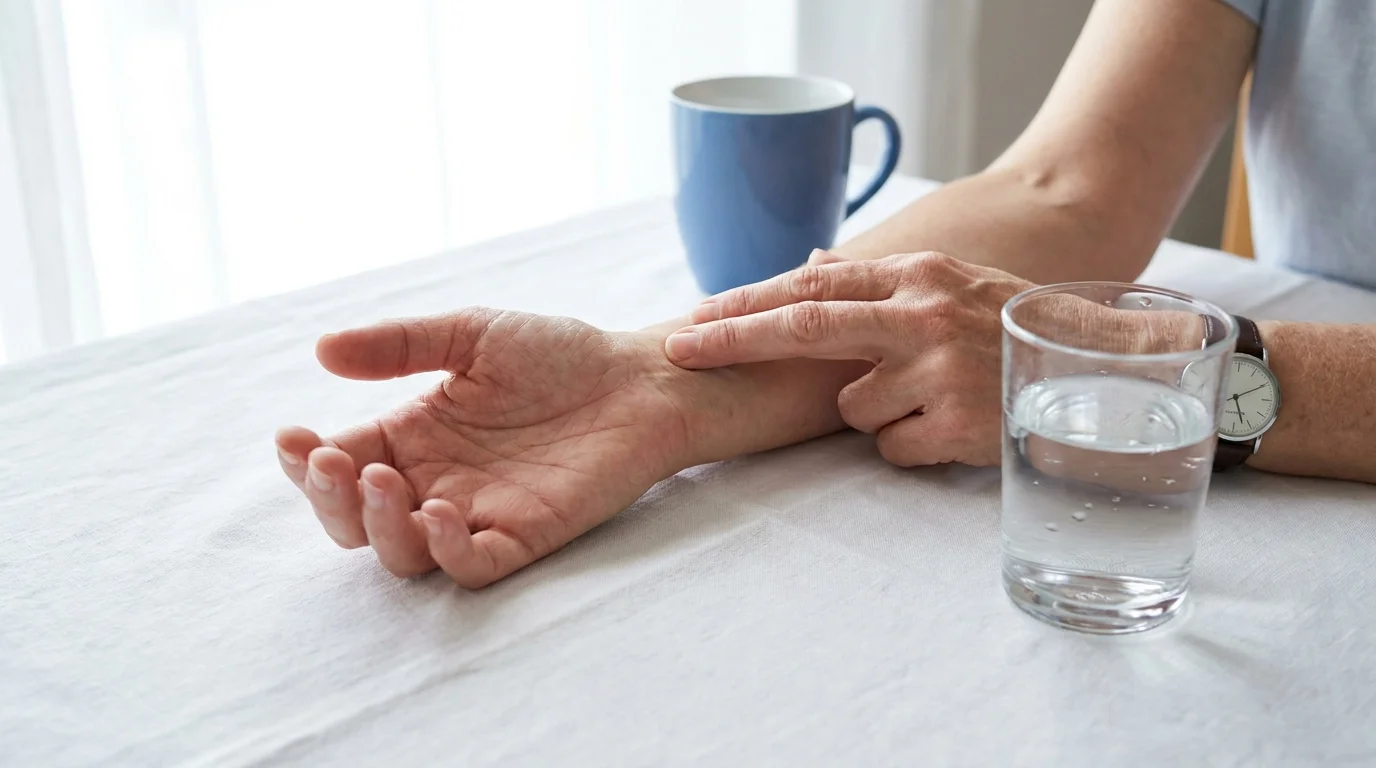 A close-up of a person's hands checking their pulse at a kitchen table next to a glass of water and a watch.