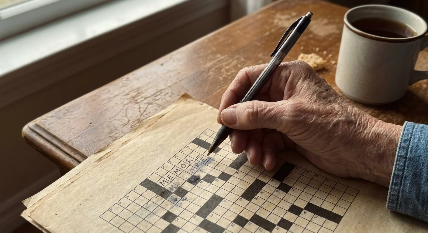 A close-up of a senior's hand holding a pen over a crossword puzzle, suggesting a struggle to find the right word.