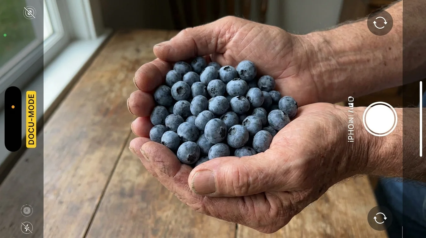 A close-up of an older person's hands holding a handful of fresh, ripe blueberries.