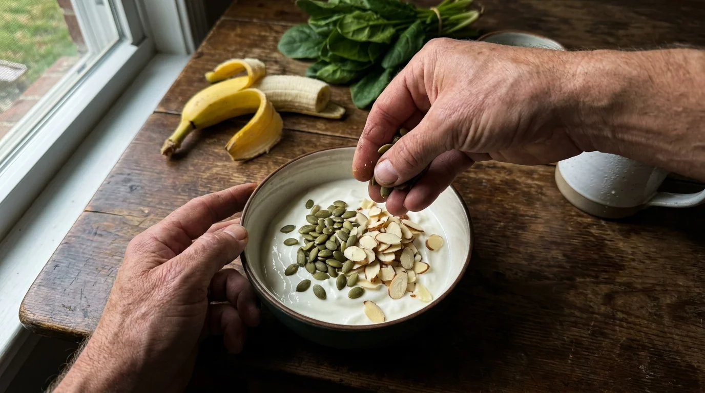 A close-up photo of a person preparing a magnesium-rich breakfast with seeds, nuts, and yogurt in a home kitchen.