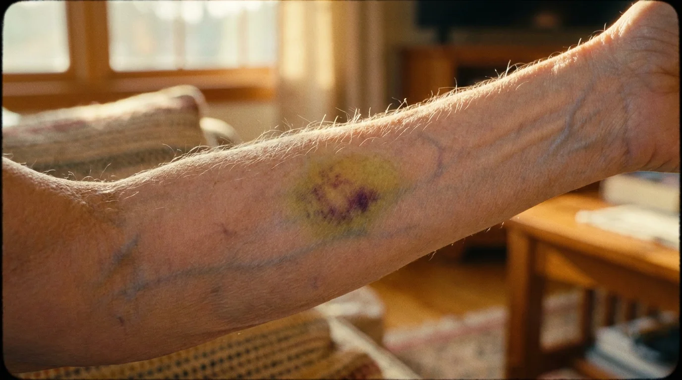 A close-up photograph of a bruise on a senior's arm, showing a range of purple and yellow colors on thin skin.